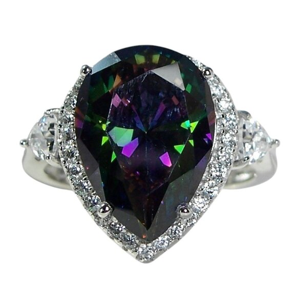 925 Sterling Silver Simulated Mystic Rainbow Topaz CZ Pear Cut Halo Ring - Picture 2 of 16